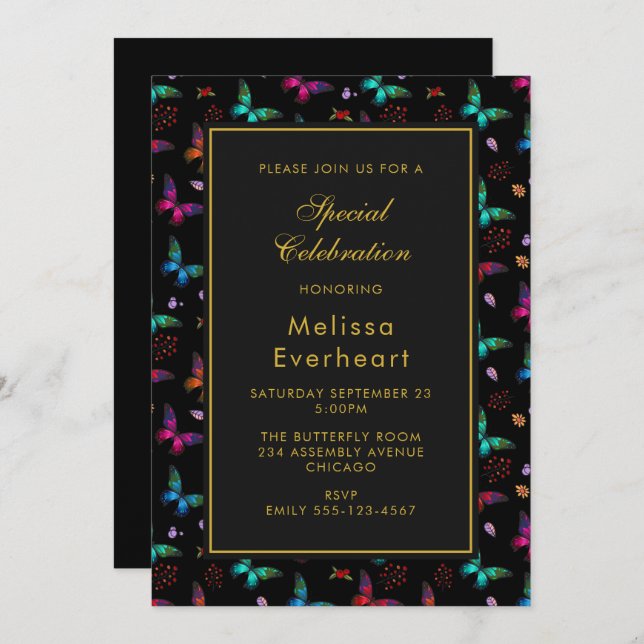 Elegant Butterfly Pattern on Black Invitation (Front/Back)