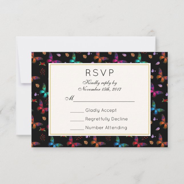 Elegant Butterfly Pattern on Black Wedding RSVP (Front)