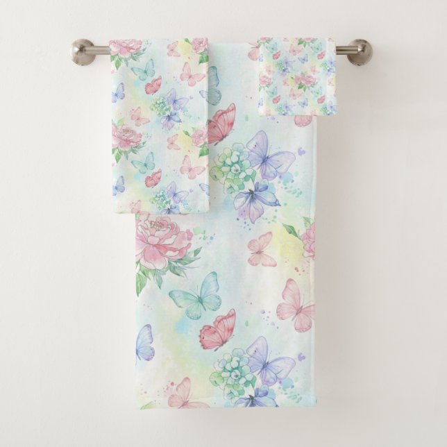 Elegant Butterfly Seamless Print Bath Towel Set (Insitu)