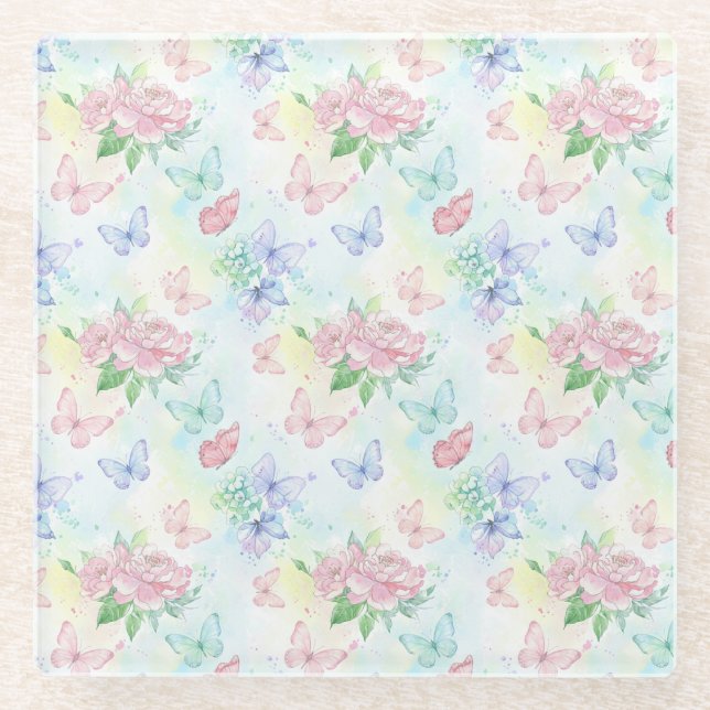 Elegant Butterfly Seamless Print Glass Coaster (Front)