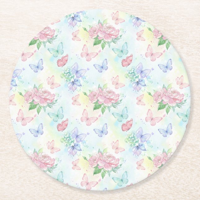 Elegant Butterfly Seamless Print Round Paper Coaster (Front)