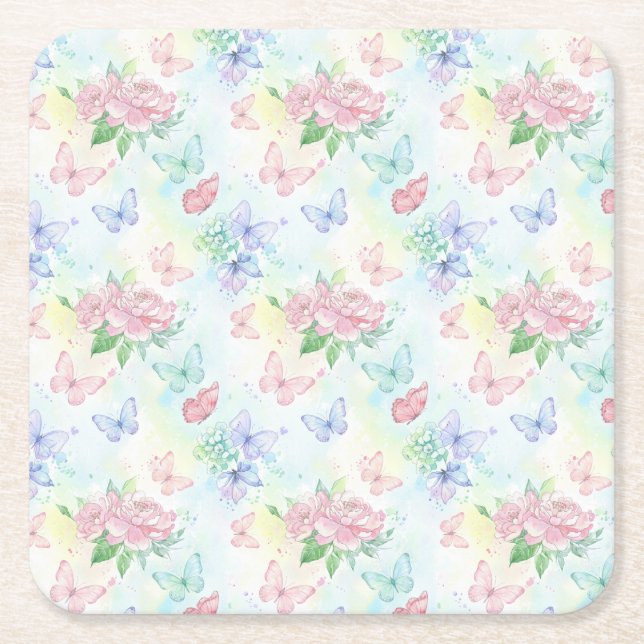 Elegant Butterfly Seamless Print Square Paper Coaster (Front)
