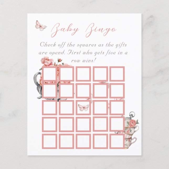 Elegant Butterfly Tea Floral Shower Bingo Game (Front)