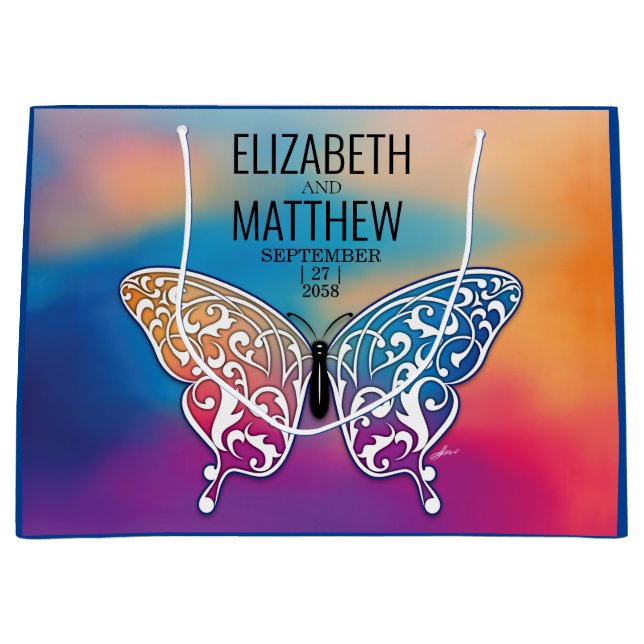 Elegant Buttterfly and Colourful Sunset Design Large Gift Bag (Front)