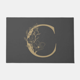 Elegant C Boho Floral Monogram Initial Grey Gold Doormat