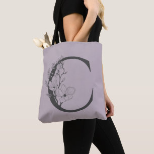 Elegant C Boho Floral Monogram Initial Lilac Grey Tote Bag