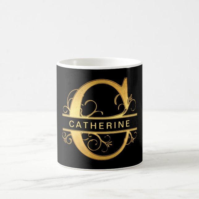 Elegant "C" Monogram Personalized Name Black Gold Coffee Mug (Center)