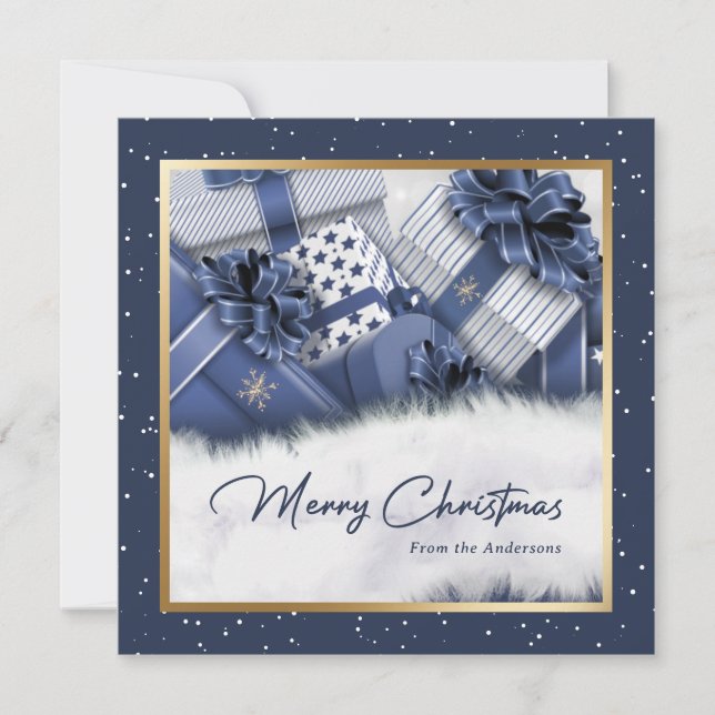 Elégant cadeau d'or bleu neige cartes de Noël (Devant)