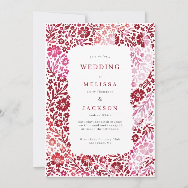 Élégant cadre en fleurs faire-part de mariage rose (Devant)