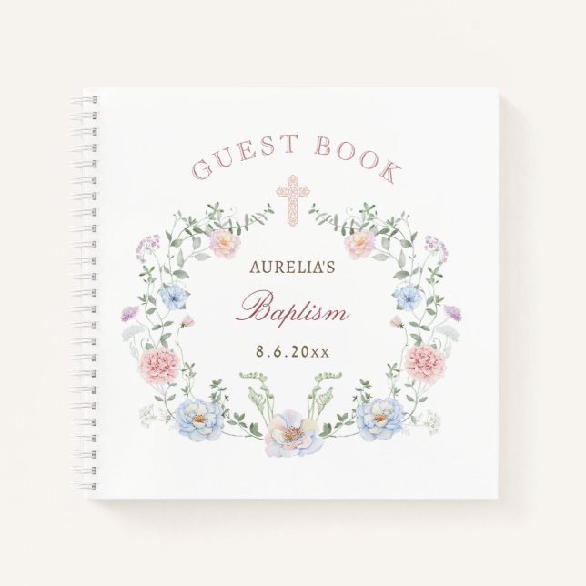 Elégant cadre floral Baptême Livre d'invité (Devant)