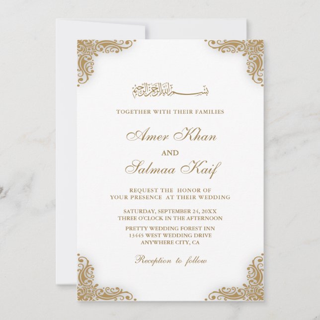 Elégant cadre or mariage musulman Invitations (Devant)