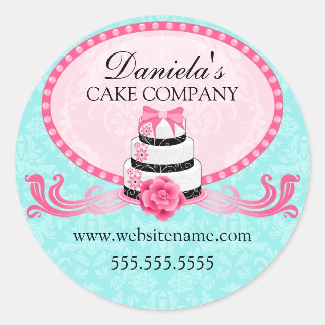 Elegant Cake and Damask Bakery Box Seals (Front)