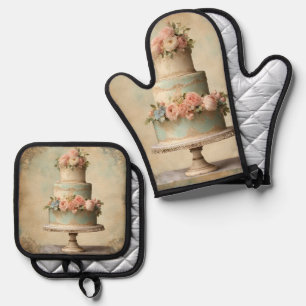 Elegant Cake Bakery Pastry Chef Baker Baking Oven Mitt & Pot Holder Set
