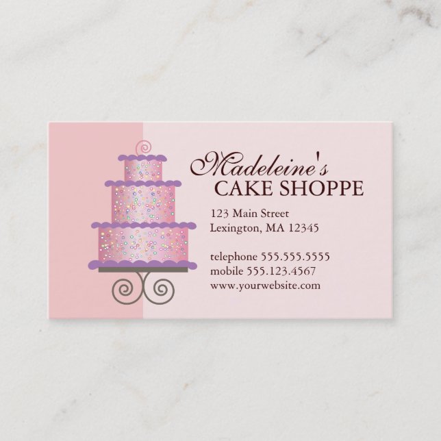 Elegant Cake on Pink Custom Bakery Business Card (Front)