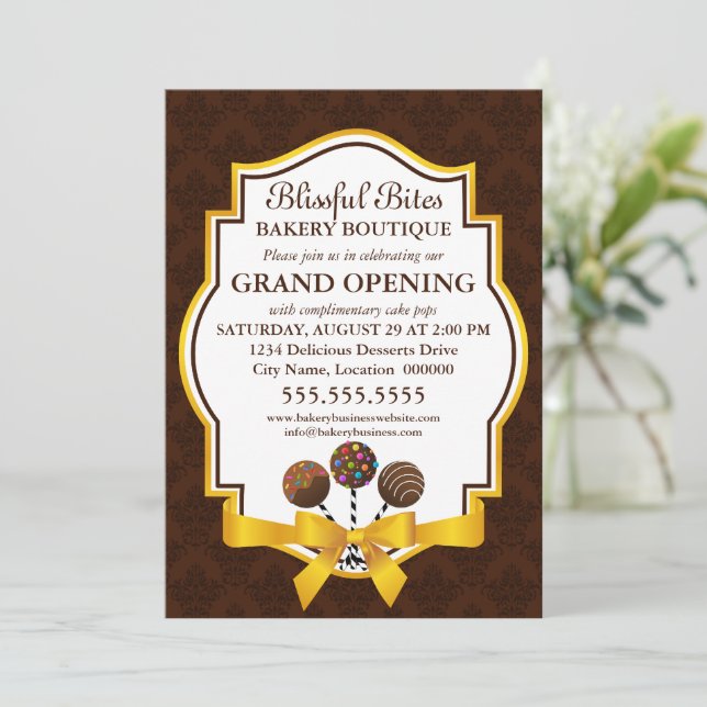 Elegant Cake Pops & Ribbon Damask Invitation (Standing Front)