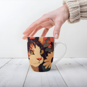 Elegant Calico Cat in Floral Garden Latte Mug
