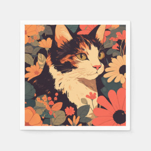 Elegant Calico Cat in Floral Garden Napkin