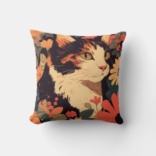 Elegant Calico Cat in Floral Garden Throw Pillow
