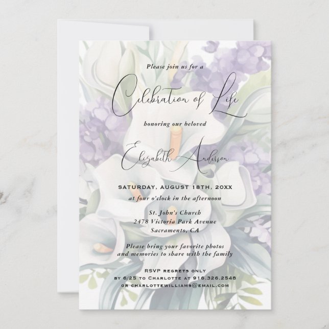 Elegant Calla Lily Floral Celebration of Life Invitation (Front)