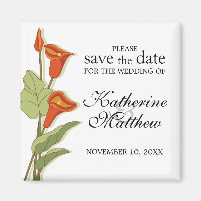 Elegant Calla Lily In Orange Save The Date Magnet (Front)