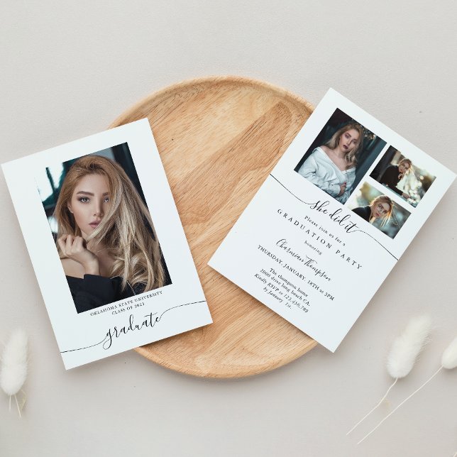 Elegant Calligraphy 4 Photo She did it Graduation Invitation (Creator Uploaded)