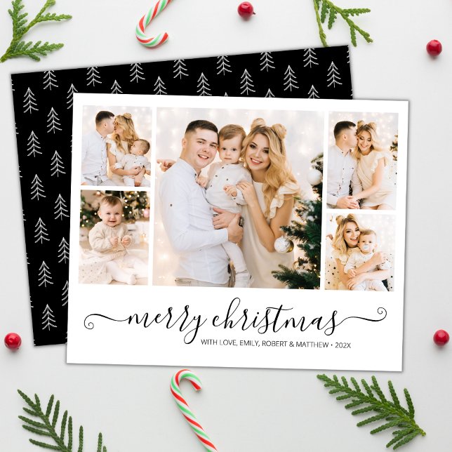 Elegant Calligraphy 5 Photo Collage Christmas Card (Creator Uploaded)