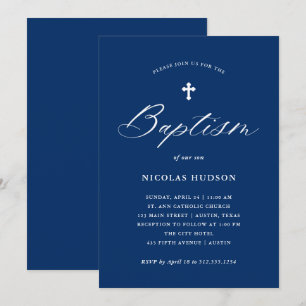 Elegant Calligraphy and Cross   Navy Blue Baptism Invitation