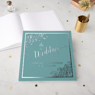 Elegant Calligraphy Aqua Teal Silver Foil Wedding Guest Book