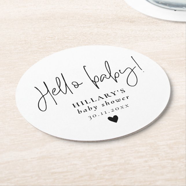 Elegant Calligraphy Baby Shower Hello baby  Round Paper Coaster (Angled)