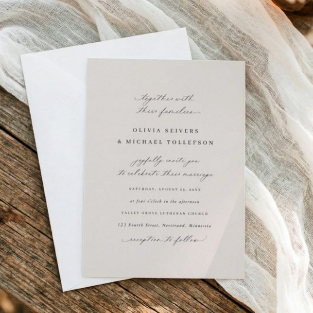 Elegant Calligraphy Beige Traditional Wedding Invitation (Beige classic wedding invitation with elegant calligraphy and traditional formal layout)