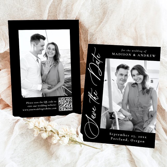 Elegant Calligraphy Black 2 Photo QR Code Wedding Save The Date (Creator Uploaded)