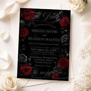 Elegant Calligraphy Black and Red Floral Wedding Invitation