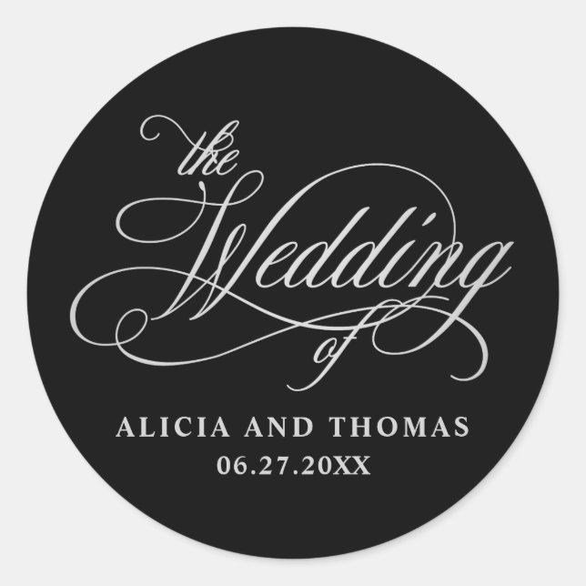Elegant Calligraphy Black and Silver Wedding Classic Round Sticker (Front)