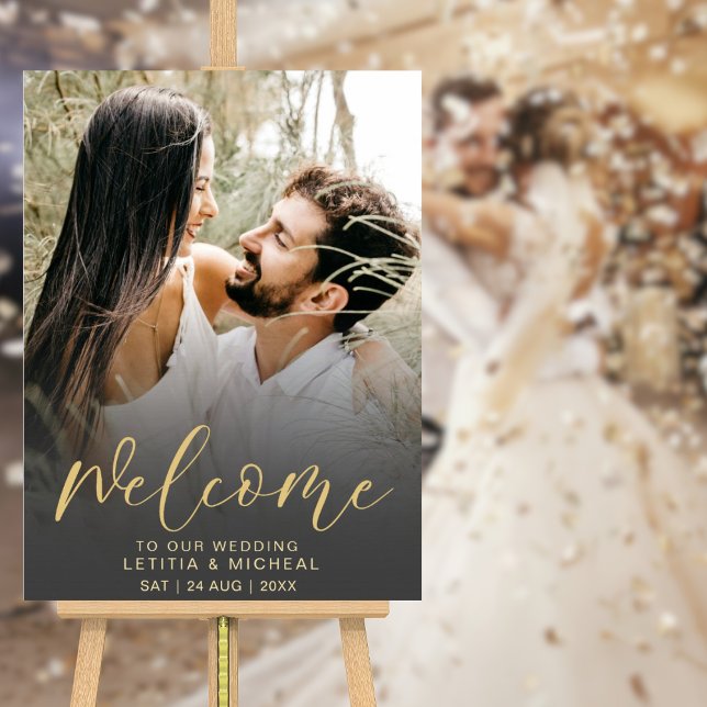 Elegant Calligraphy Black & Gold Photo Wedding  Poster (Creator Uploaded)