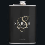 Elegant Calligraphy Black Monogram Bridesmaid Gift Hip Flask<br><div class="desc">This lovely custom bridesmaid flask features personalized bridesmaid's name,  calligraphy monogram in golden colour,  bride and groom's names,  and wedding date. All text is editable. You can also easily change the background and fonts colours to match your event if you like.</div>