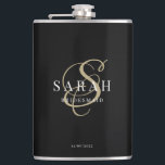 Elegant Calligraphy Black Monogram Bridesmaid Gift Hip Flask<br><div class="desc">This lovely custom bridesmaid flask features personalized bridesmaid's name,  calligraphy monogram in golden colour,  bride and groom's names,  and wedding date. All text is editable. You can also easily change the background and fonts colours to match your event if you like.</div>