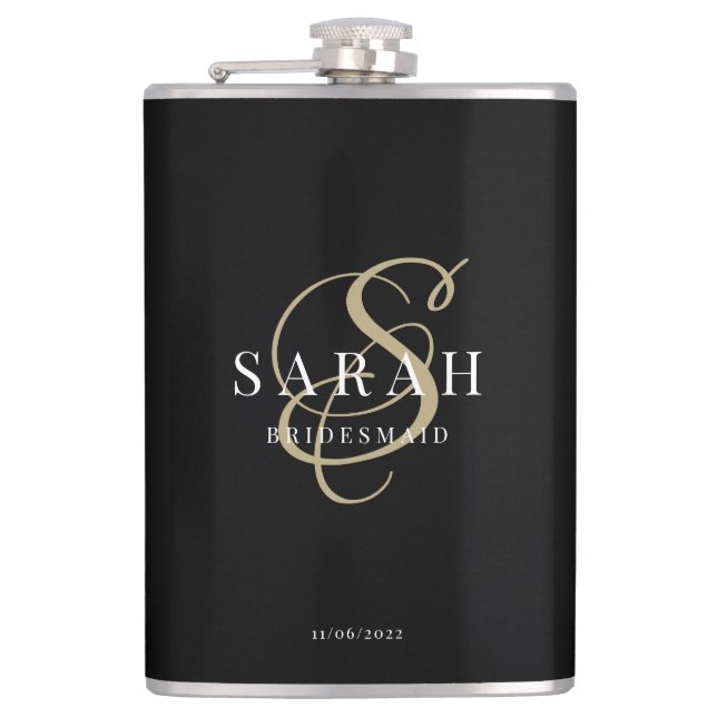 Elegant Calligraphy Black Monogram Bridesmaid Gift Hip Flask (Front)