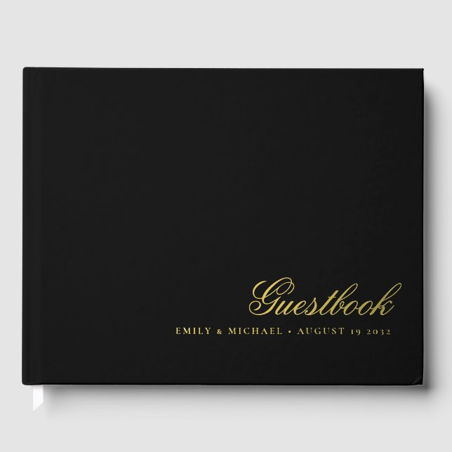 Elegant Calligraphy Black Real Gold Foil Wedding  Guest Book (Front)