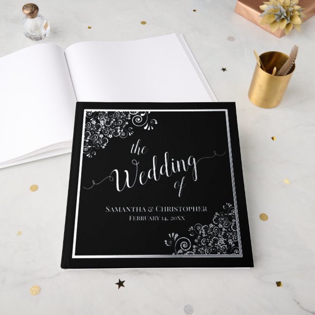 Elegant Calligraphy Black & Silver Foil Wedding Guest Book (Front Open)