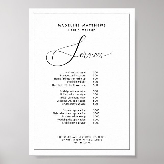 Elegant Calligraphy Black White Salon Price List Poster (Front)