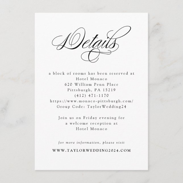 Elegant Calligraphy Black White Wedding Details Enclosure Card (Front)
