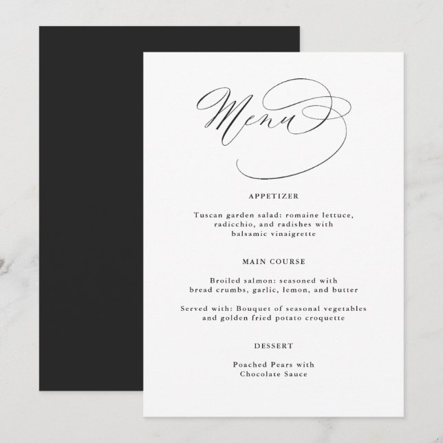 Elegant Calligraphy Black White Wedding Menu (Front/Back)