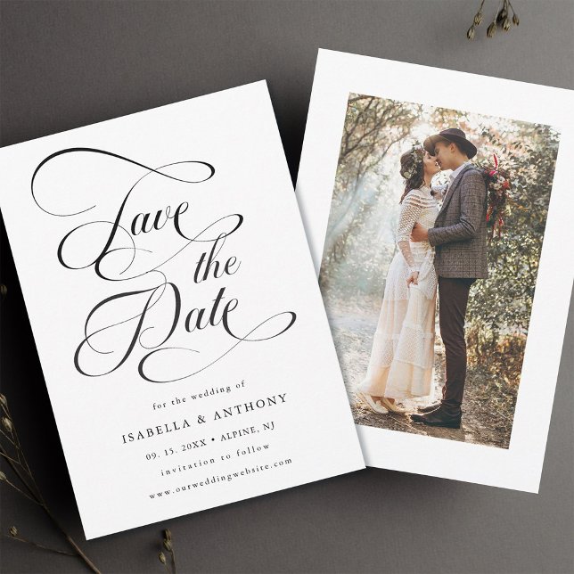 Elegant Calligraphy Black & White Wedding Save The Date (Front & Back)