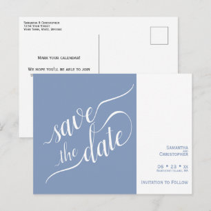 Elegant Calligraphy Blue Wedding Save the Date Announcement Postcard