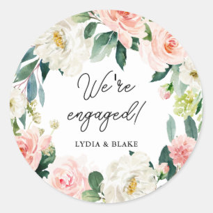 Elegant Calligraphy Blush Floral We're Engaged Classic Round Sticker