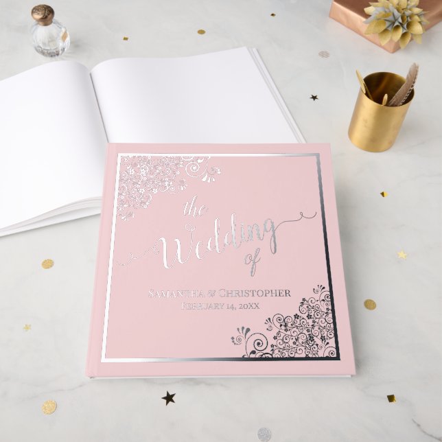 Elegant Calligraphy Blush Pink Silver Foil Wedding Guest Book (Front Open)