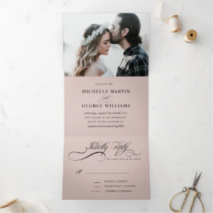 Elegant Calligraphy Blush Pink Wedding Tri-Fold Invitation