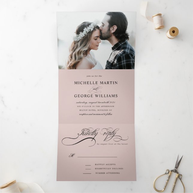 Elegant Calligraphy Blush Pink Wedding Tri-Fold Invitation (Inside)