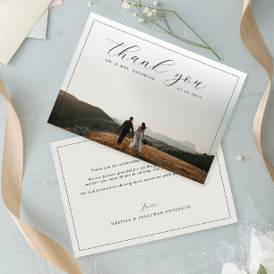 Elegant Calligraphy Border Photo Soft Grey Wedding Thank You Card
