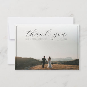 Elegant Calligraphy Border Photo Soft Grey Wedding Thank You Card